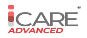 شعار iCARE ADVANCED يتكون من نص باللون الرمادي والأحمر.