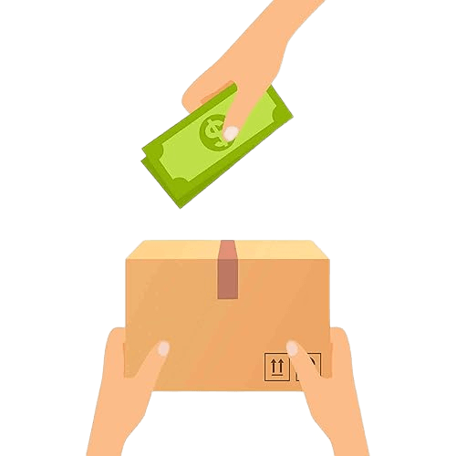 صورة توضح شخصين يتبادلان المال مقابل صندوق شحن مغلق.