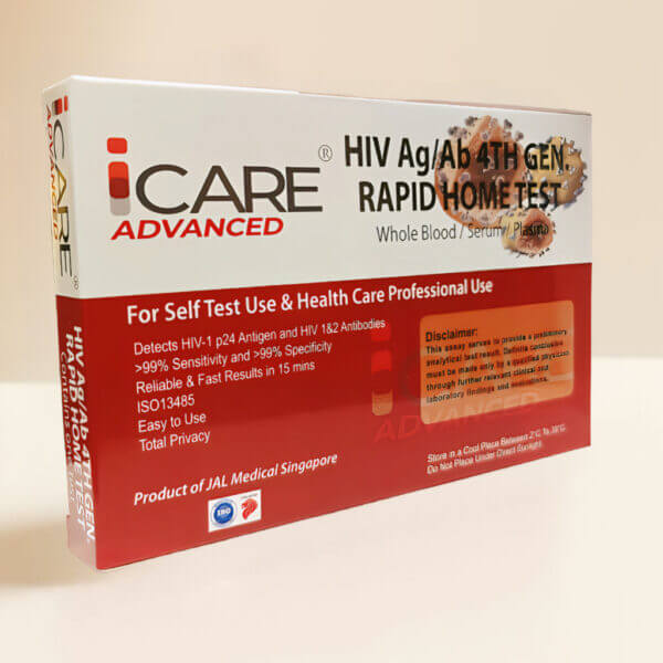 عبوة اختبار HIV Ag/Ab 4th Gen السريع المنزلي من iCARE مع معلومات المنتج.